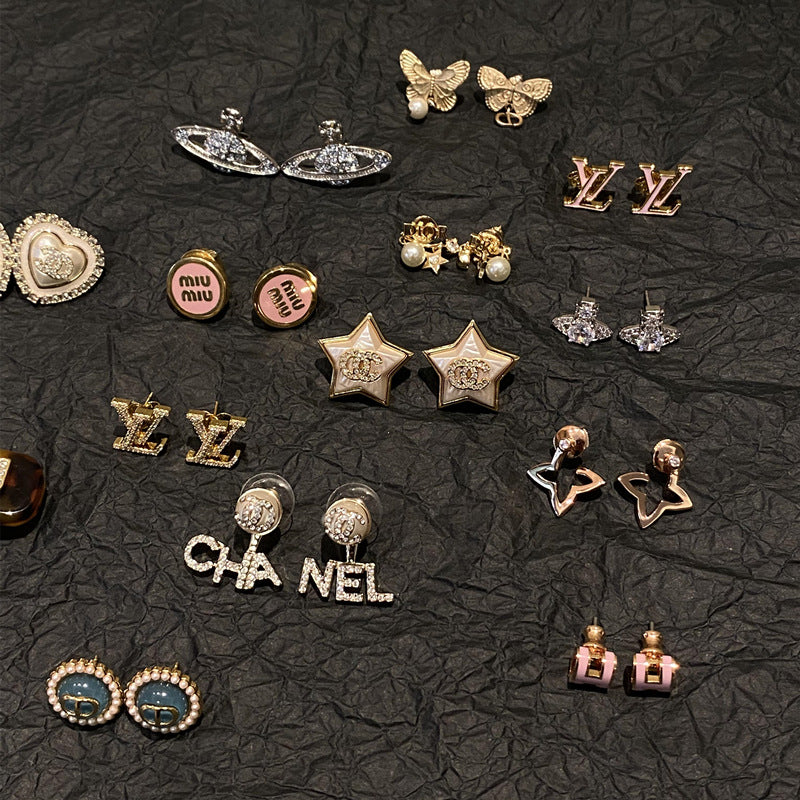 Star Double C Diamond Stud Earrings - Celebrity Style Antique Design