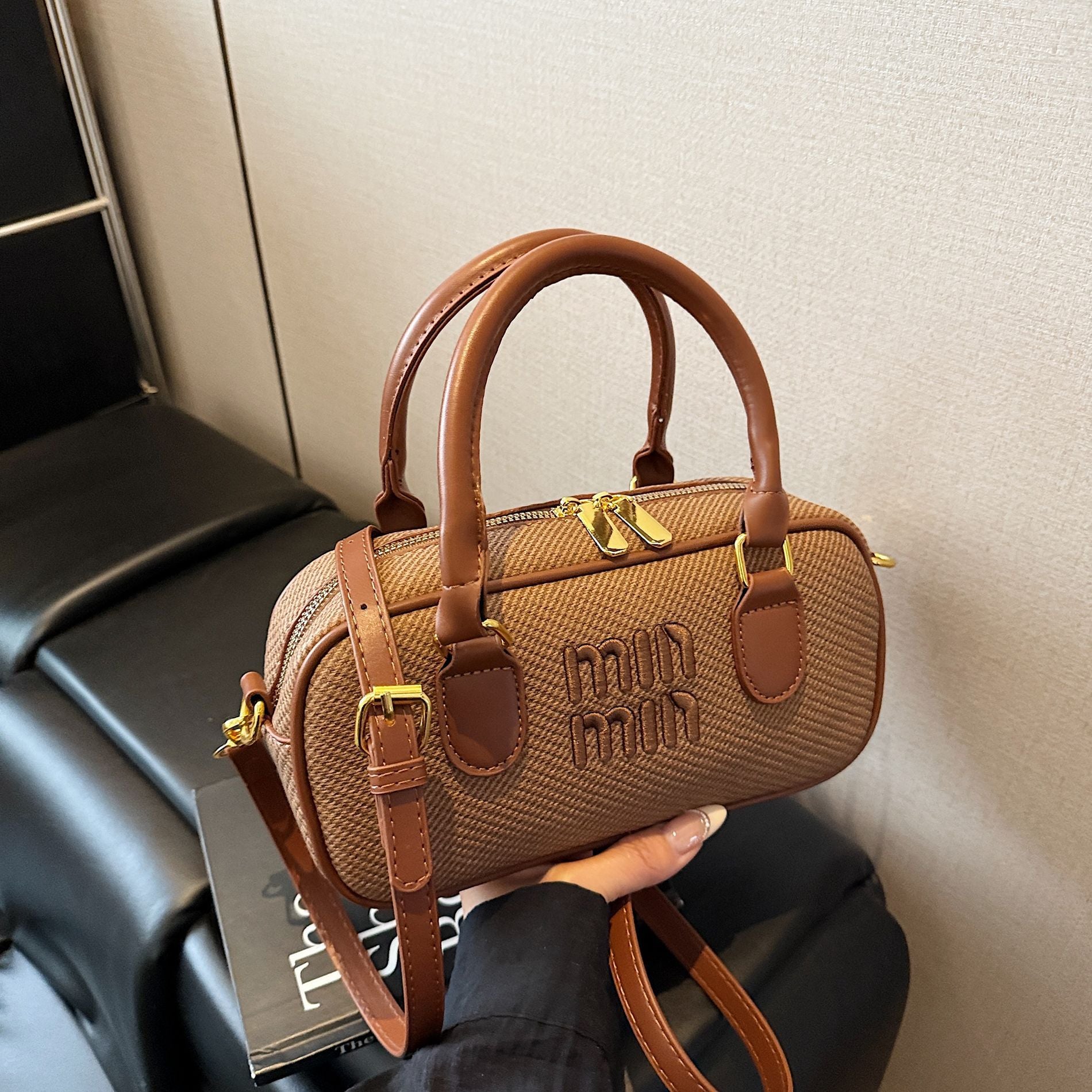 Embroidery Miu Small Square Bowling Shoulder Bag