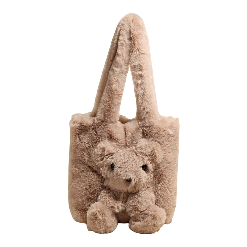 Cute Bear Plush Shoulder Bag for Women Autumn Winter Commuter Tote