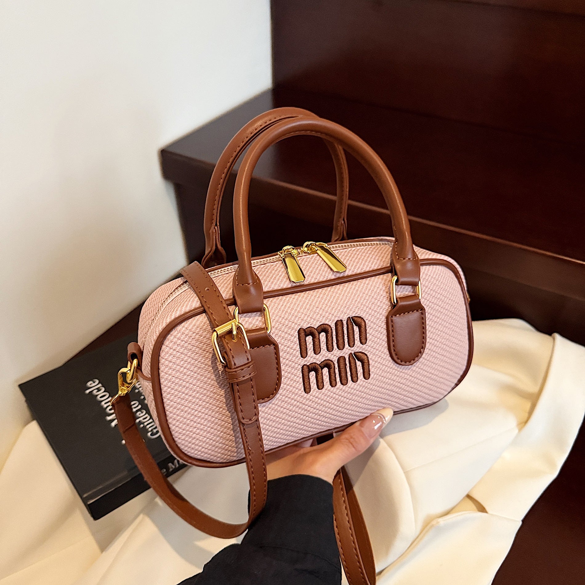 Embroidery Miu Small Square Bowling Shoulder Bag