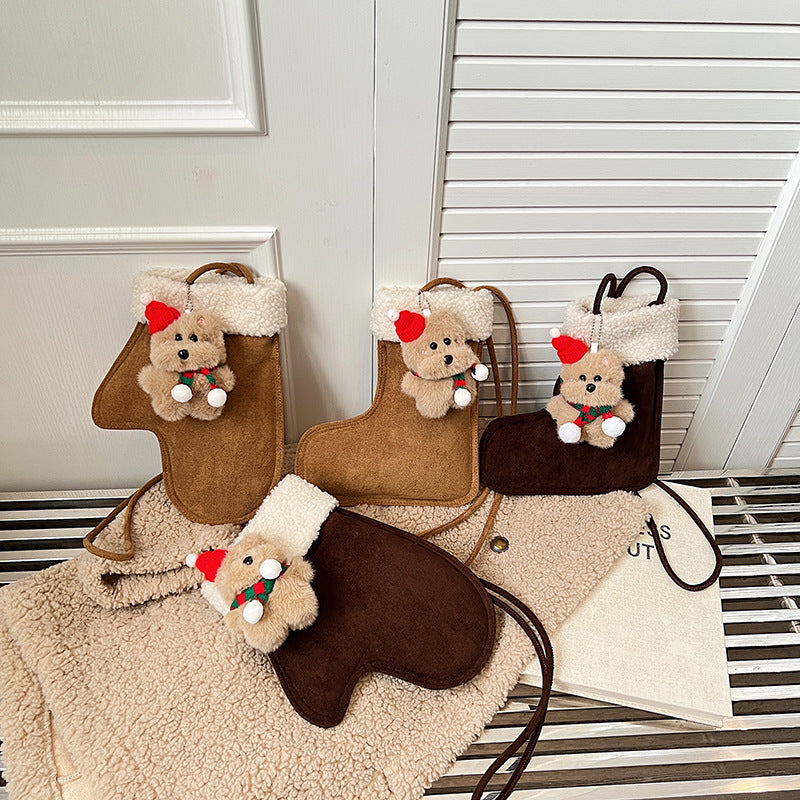 Lamb Wool Christmas Boots Gloves Women's Shoulder Bag Cute Messenger Bag