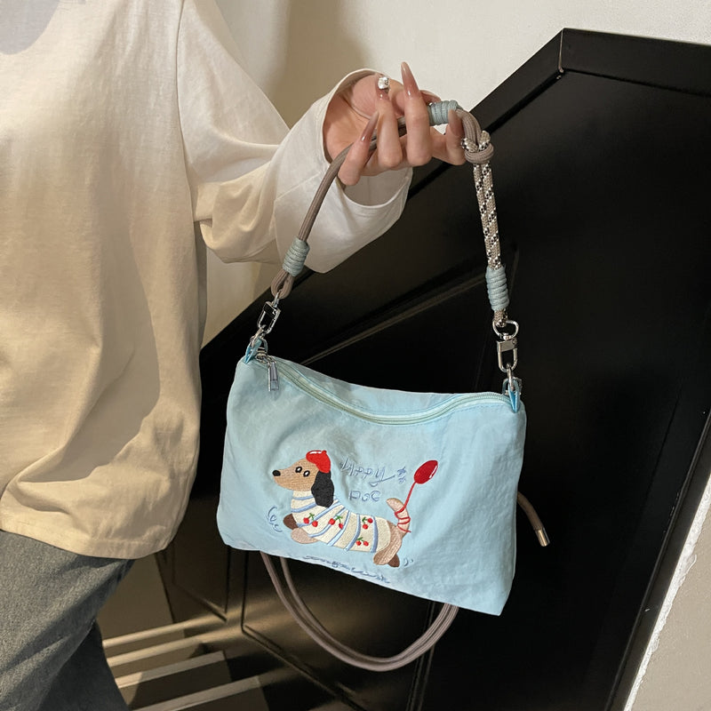 Cute Dachshund Embroidery Shoulder Bag with Ball Chain
