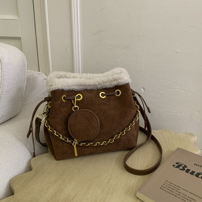 Retro Suede Splicing Bucket Bag Chain Shoulder Messenger Handbag