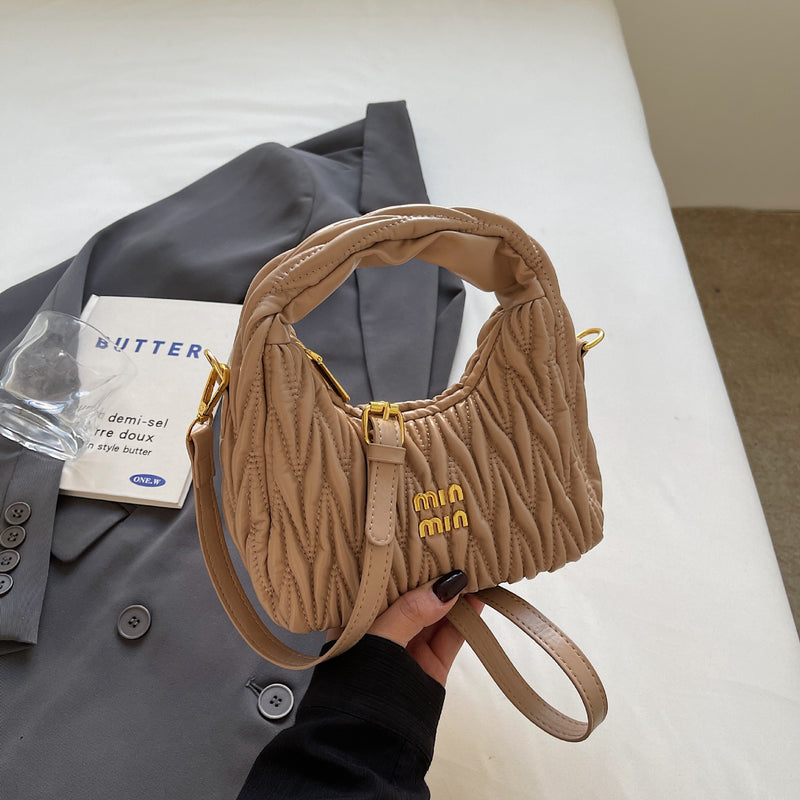 Miu Pleated Cloud Embroidery Crescent Shoulder Bag