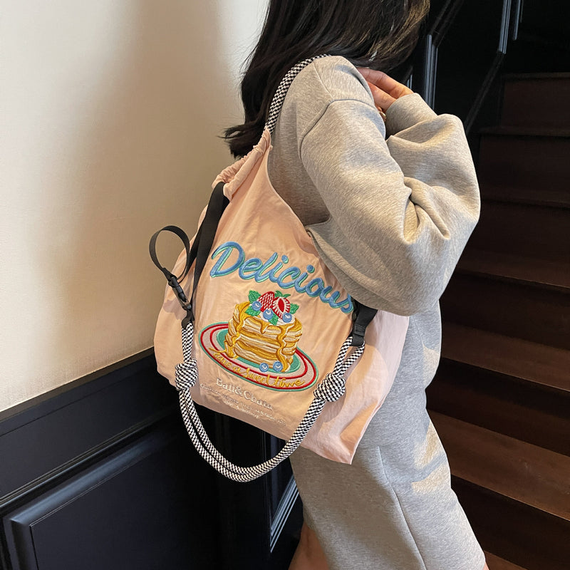 Nylon Embroidered Shoulder Tote Bag for Women