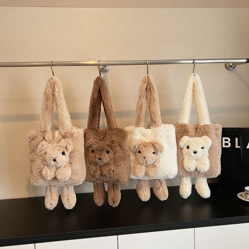 Cute Bear Plush Shoulder Bag for Women Autumn Winter Commuter Tote