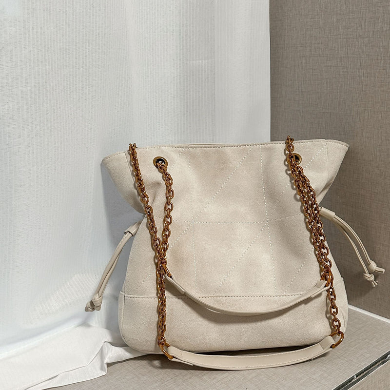 Light Luxury Suede Pleated Drawstring Diamond Tote Bag