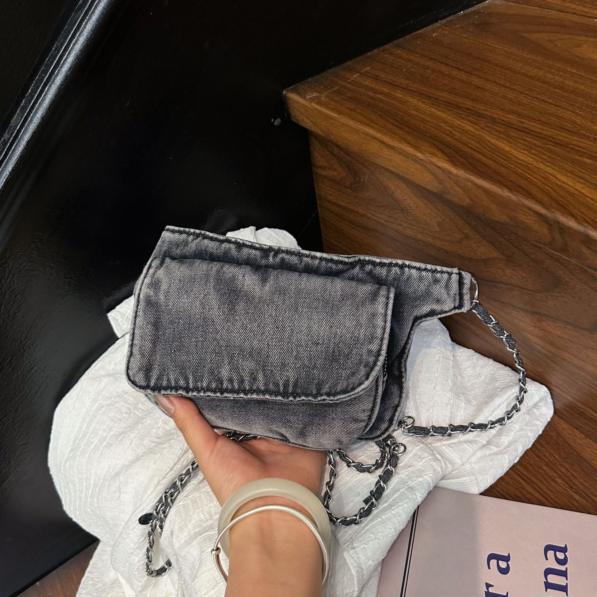Cool Contrasting Color Denim Messenger Bag Splicing Pleated Shoulder Fanny Pack