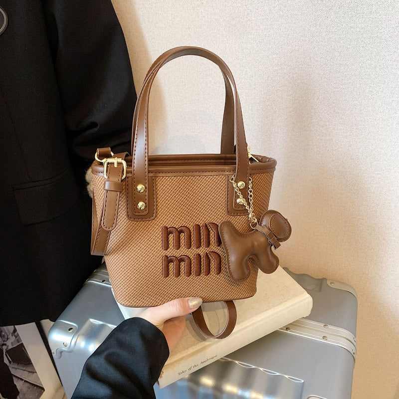Trend Miu Embroidered Bucket Bag Casual Messenger Handbag