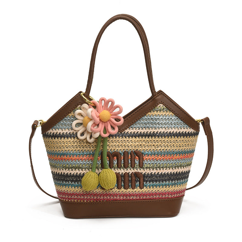 Rainbow Stripe Miu Woven Tote Large Capacity Luxury Bag
