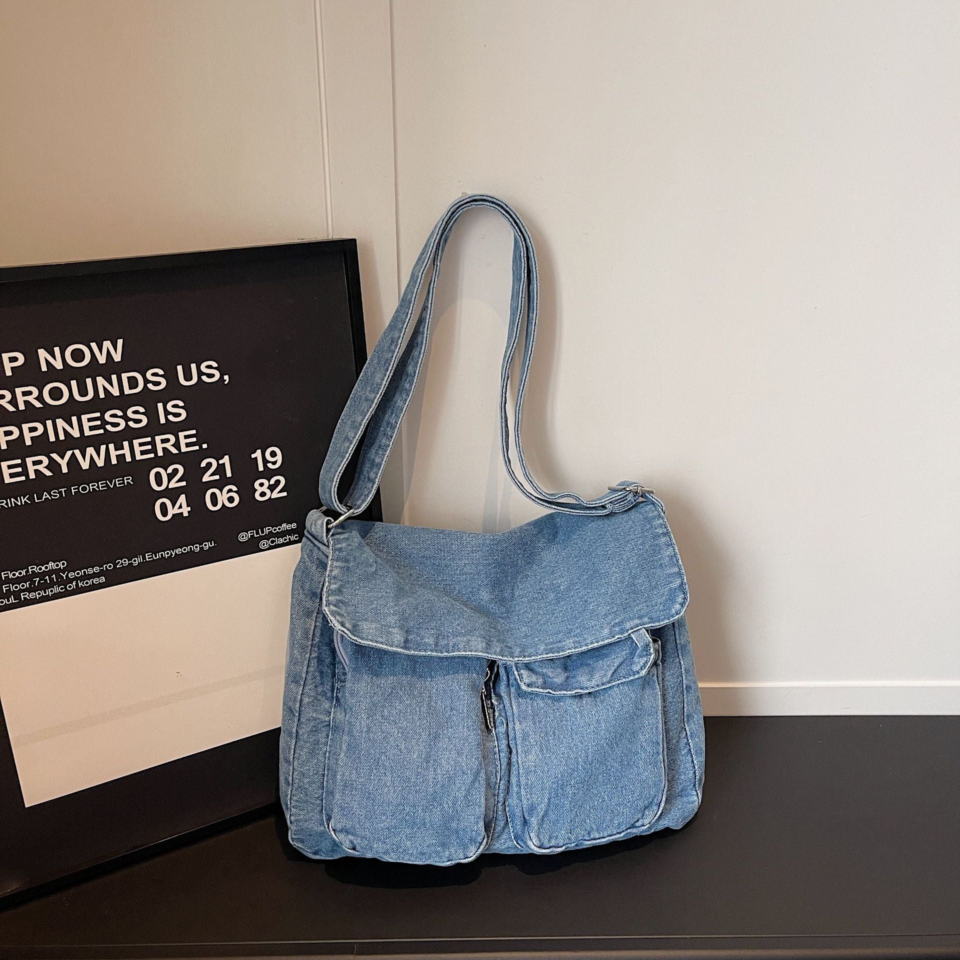 Retro Denim Messenger Bag Street Trend Casual Large Capacity Commuter Shoulder Bag