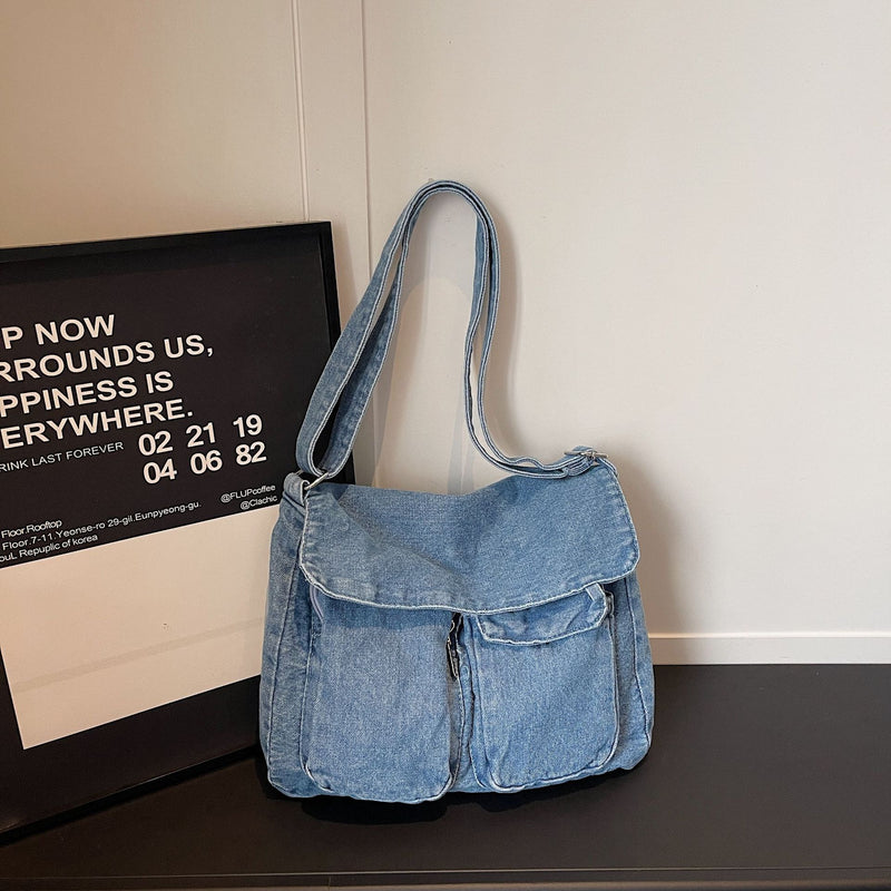 Retro Denim Messenger Bag Street Trend Casual Large Capacity Commuter Shoulder Bag