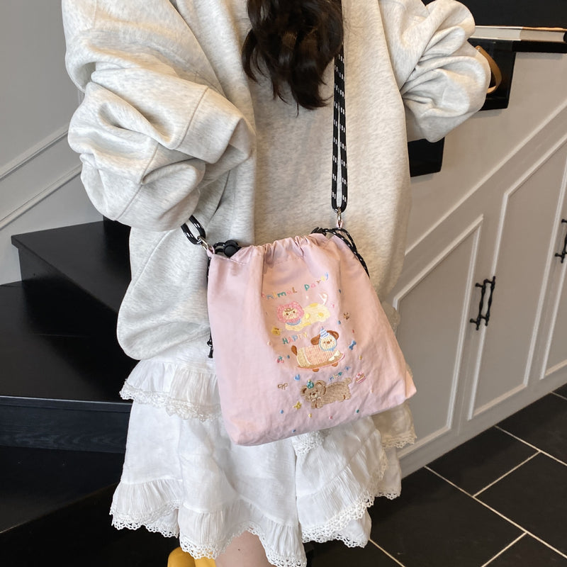 Embroidery Ball Chain Drawstring Shoulder Bag