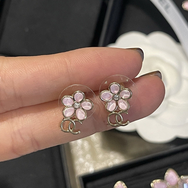 Pink Glazed Flower 925 Silver Stud Earrings for Women