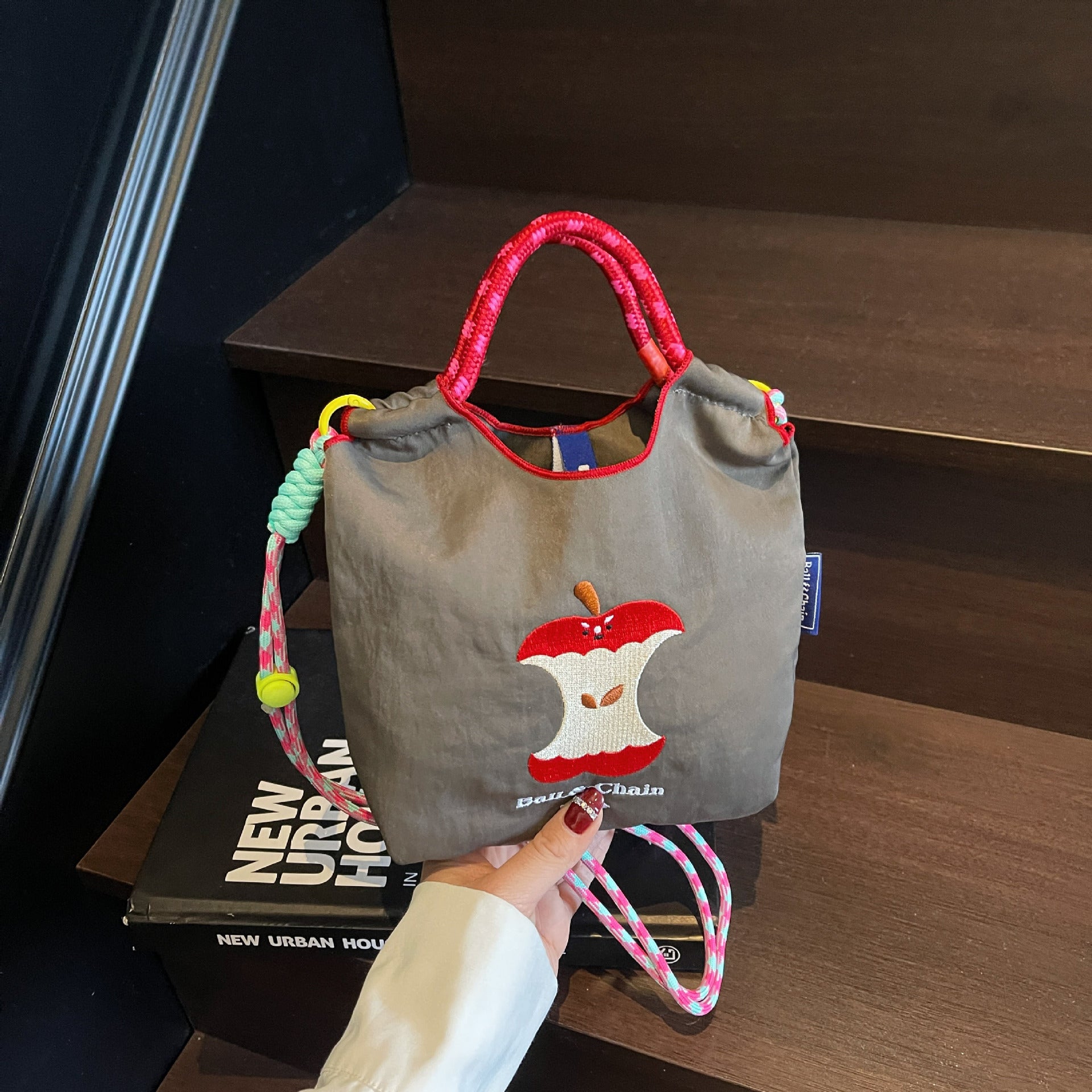 Cute Cartoon Apple Handbag with Ball Chain Shoulder Strap