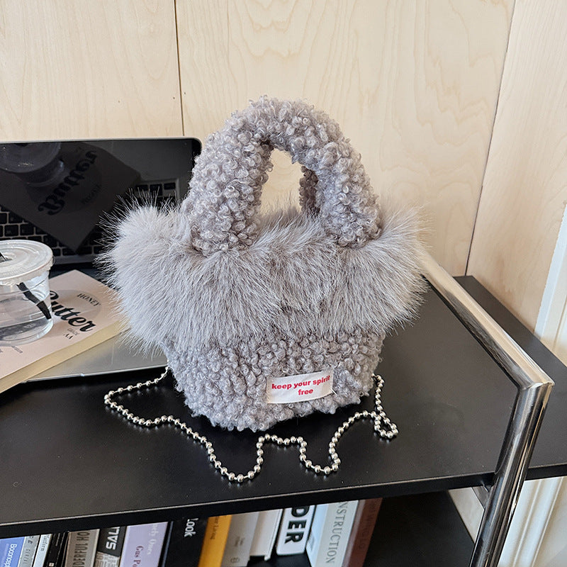 Trendy Plush Splicing Bucket Bag Messenger Shoulder Bag