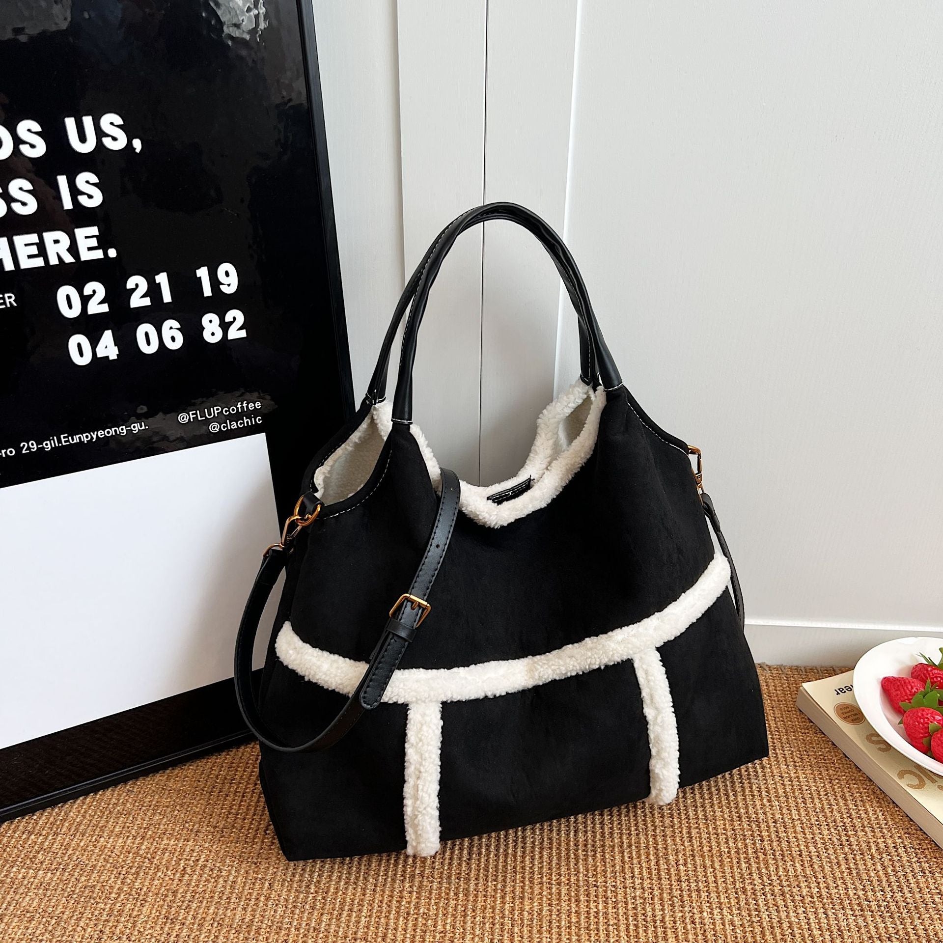 Plush Contrasting Color Messenger Tote Bag Large Capacity Shoulder Bag