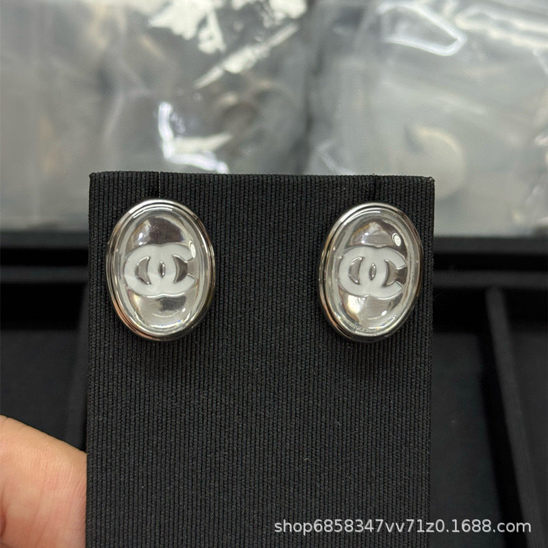 Simple Versatile Oval Mirror Glossy Double C 925 Silver Earrings