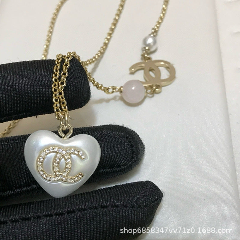 Women's Crystal Pearl Necklace - Heart Pendant, Diamond, Blue & Pink
