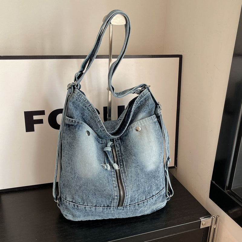 Large-Capacity Denim Backpack Daily Commuting Tote Bag