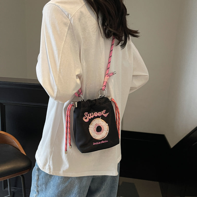 Embroidered Donut Messenger Bag with Ball Chain