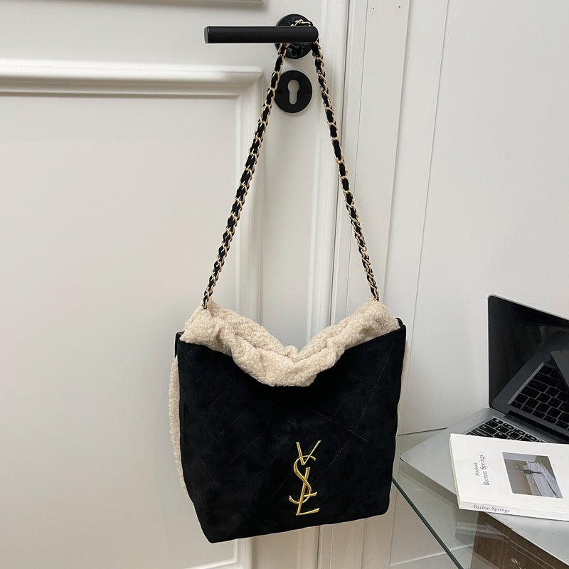 Vintage Rhombus Plush Shoulder Bag Large Capacity Chain
