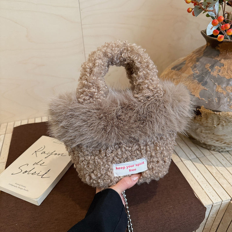 Trendy Plush Splicing Bucket Bag Messenger Shoulder Bag
