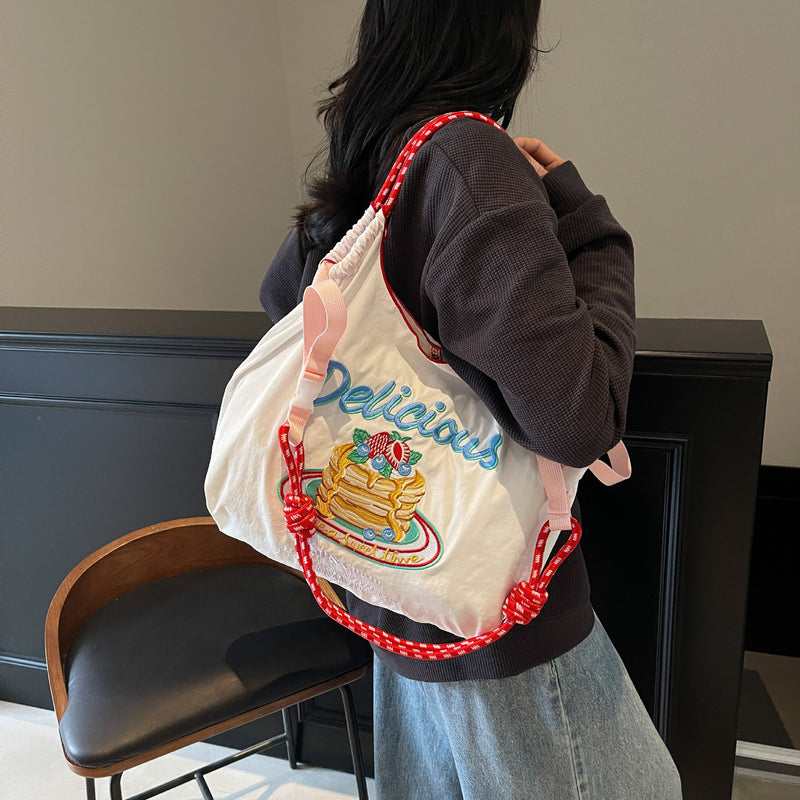 Nylon Embroidered Shoulder Tote Bag for Women