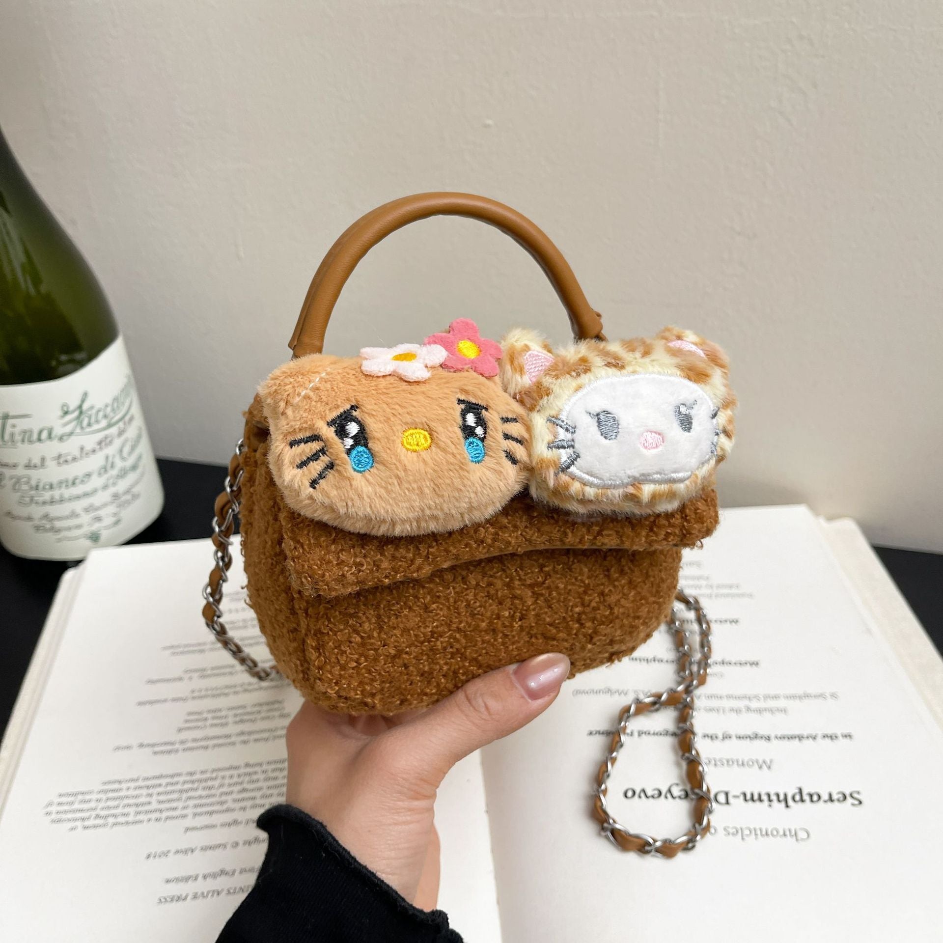 Cute Cartoon Flower Cat Plush Chain Shoulder Bag
