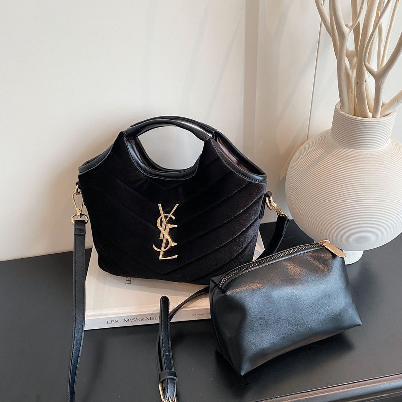 Suede Bucket Bag Rhombus Embroidery Chain Shoulder Bag