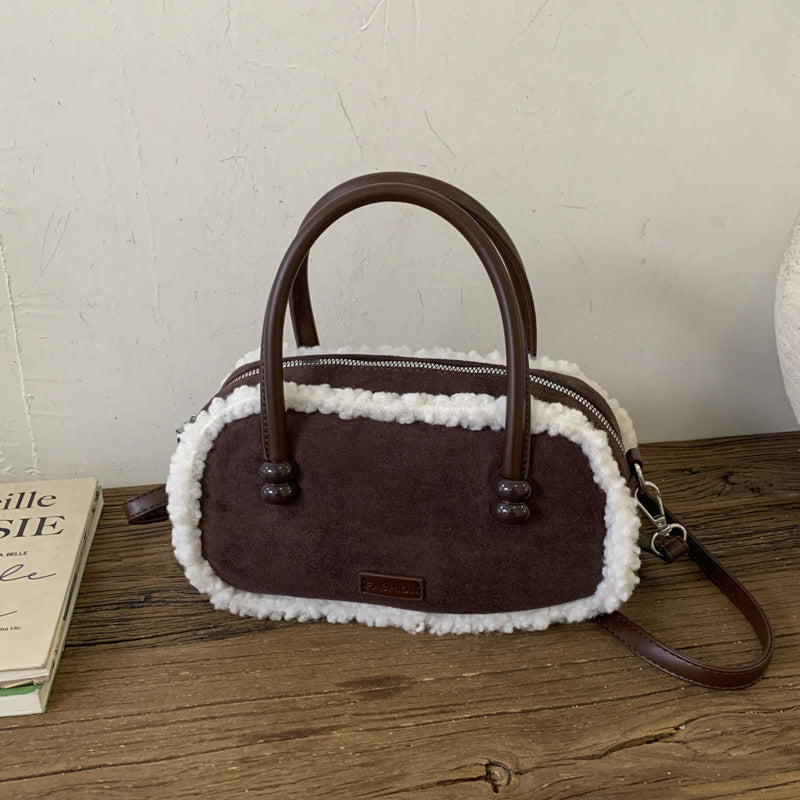 Niche Plush Splicing Handbag Retro Shoulder Bag Suede Messenger