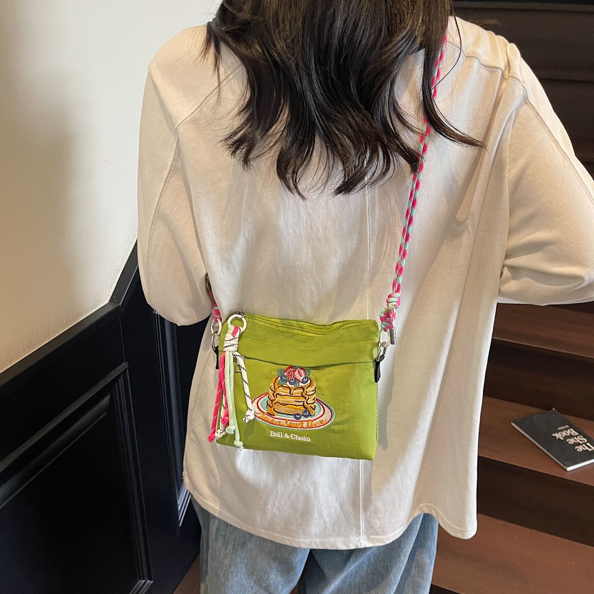 Ese Embroidered Cake Messenger Bag Ball Chain Waterproof Nylon Sweet Cute Shoulder Bag