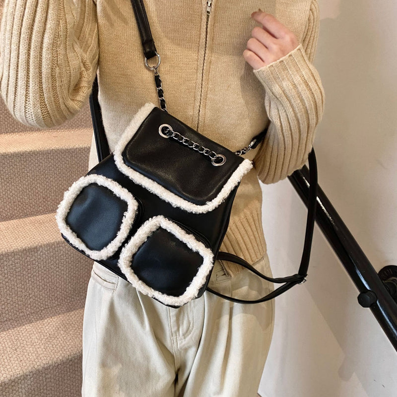 Retro Contrast Color Plush Backpack Fashionable Large Capacity