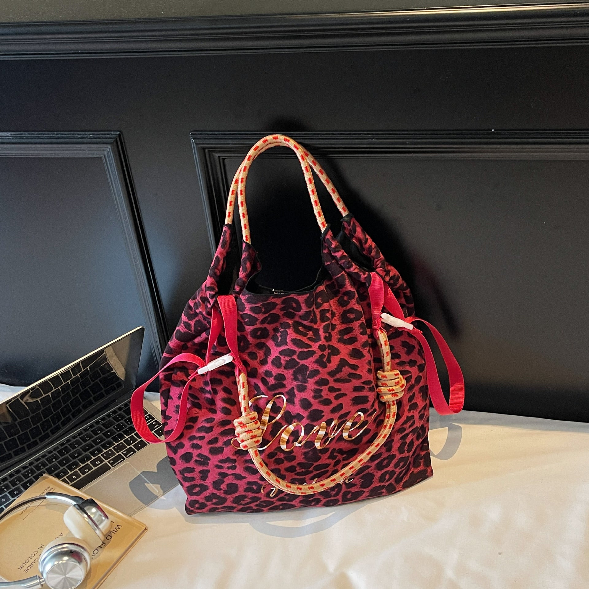 Retro Leopard Print Shoulder Bag Ball Chain Tote Women's Fashion Handbag