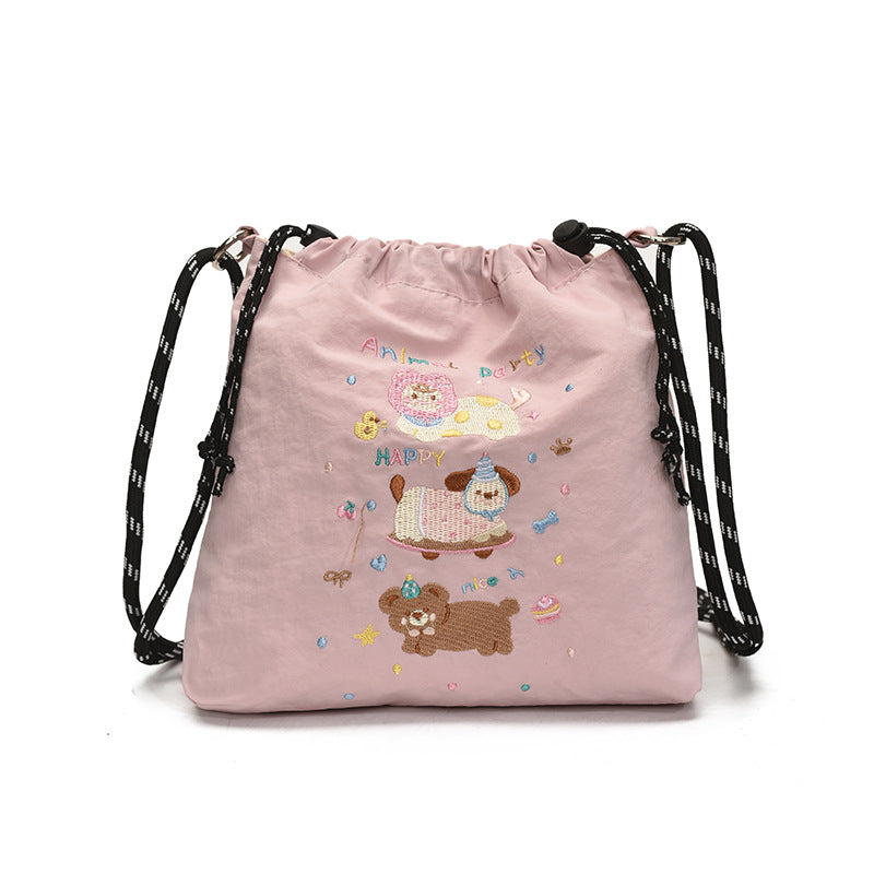 Embroidery Ball Chain Drawstring Shoulder Bag