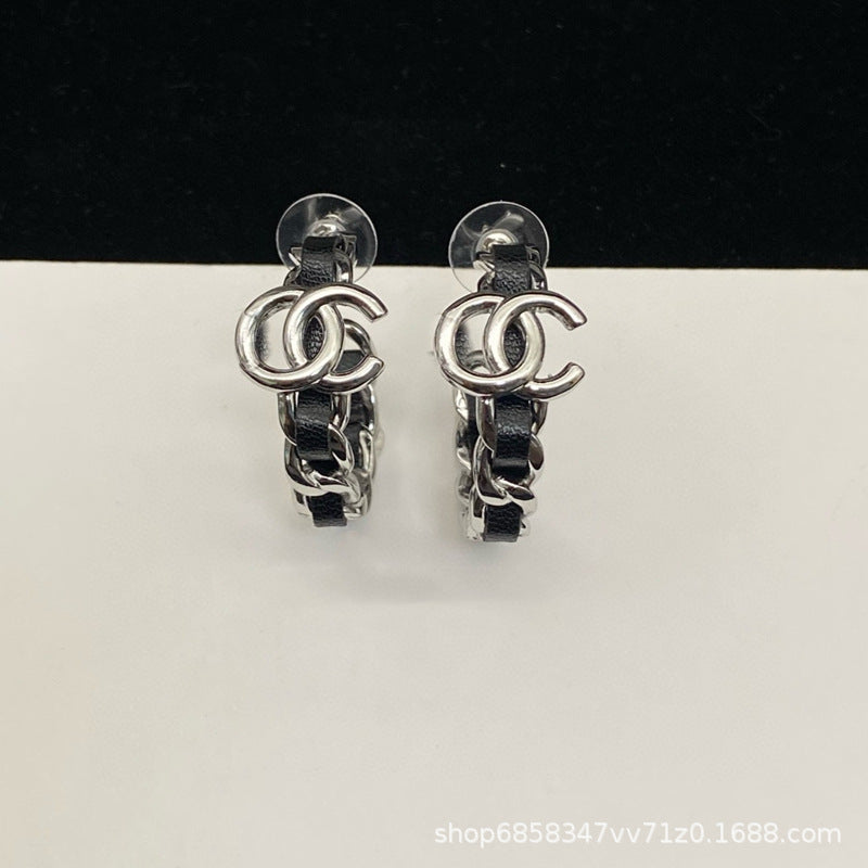 Premium Leather Stud Earrings for Grandma - Light Luxury Double C Design