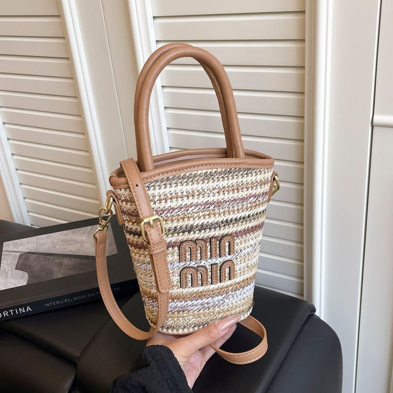 Striped Rainbow Straw Woven Bucket Bag Women Crossbody