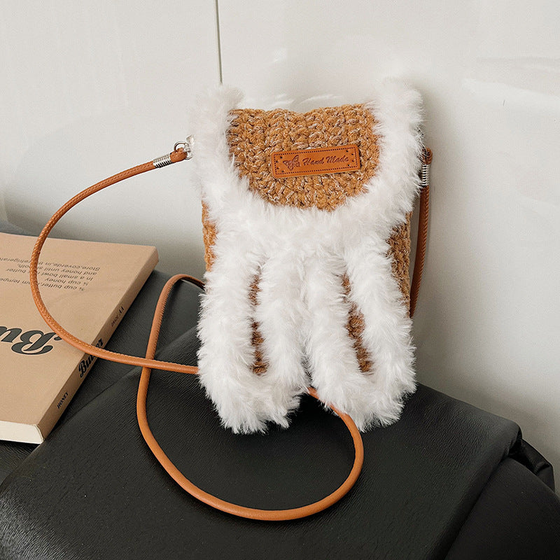 Cute Furry Mini Bag - Woven Square Messenger Bag