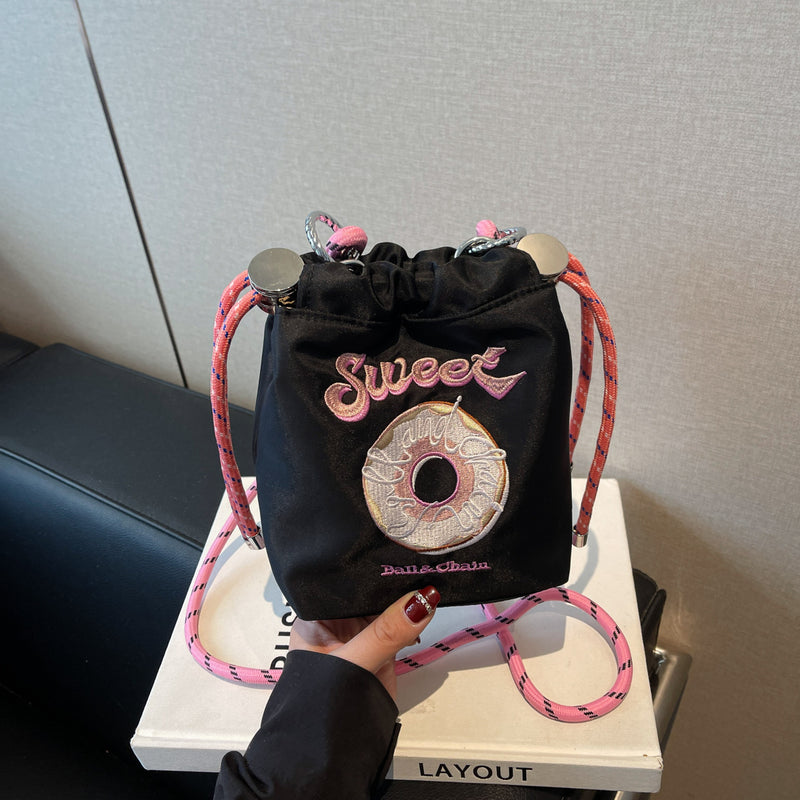 Embroidered Donut Messenger Bag with Ball Chain