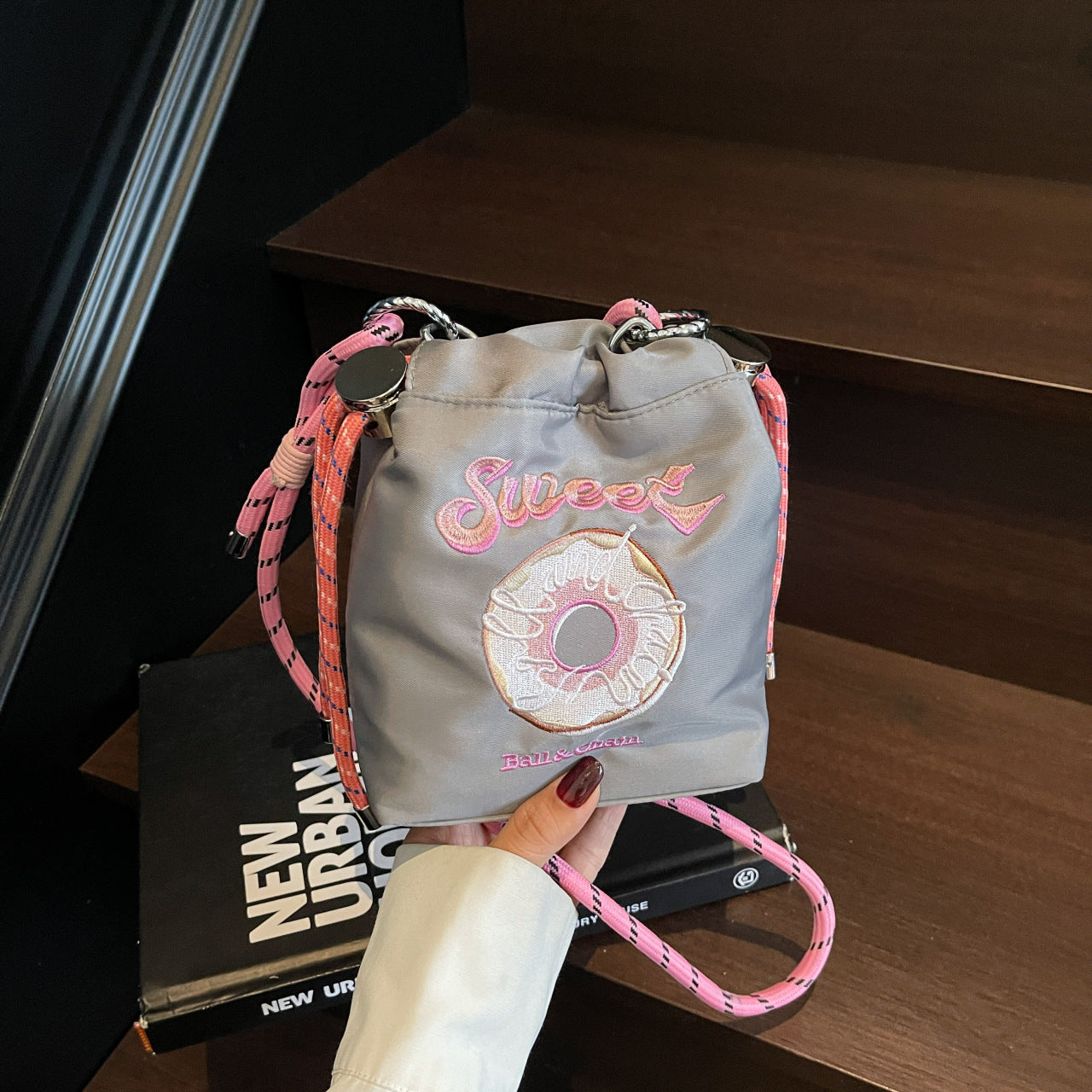 Embroidered Donut Messenger Bag with Ball Chain