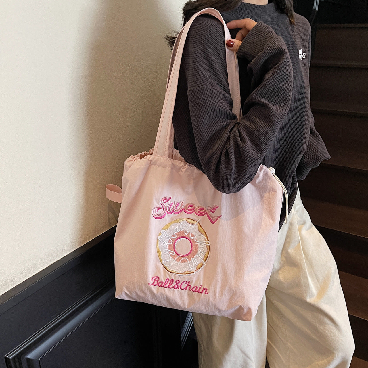 Donut Embroidery Tote Bag with Ball Chain for Women