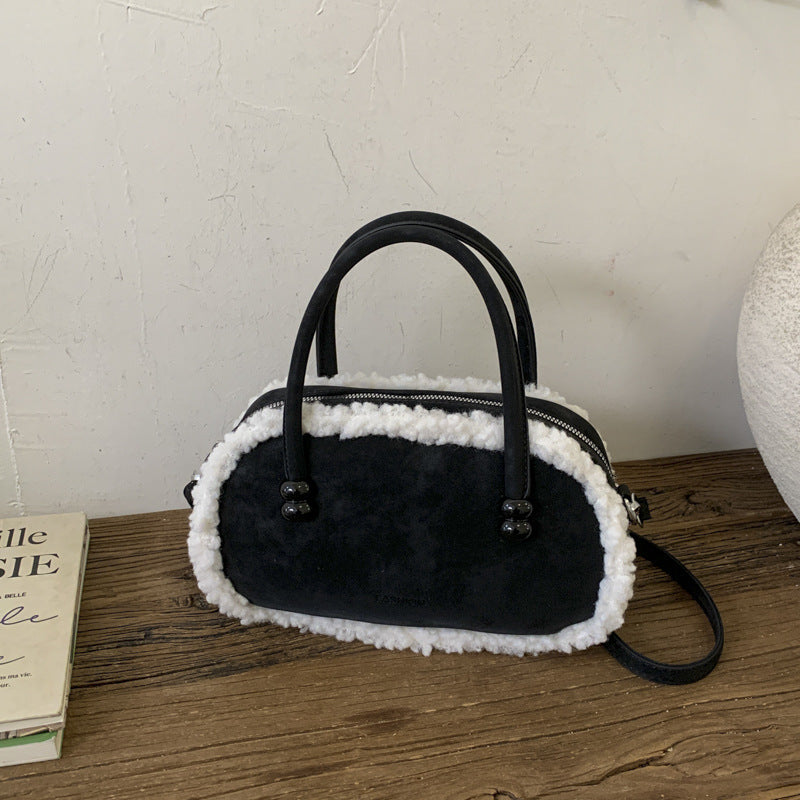 Niche Plush Splicing Handbag Retro Shoulder Bag Suede Messenger