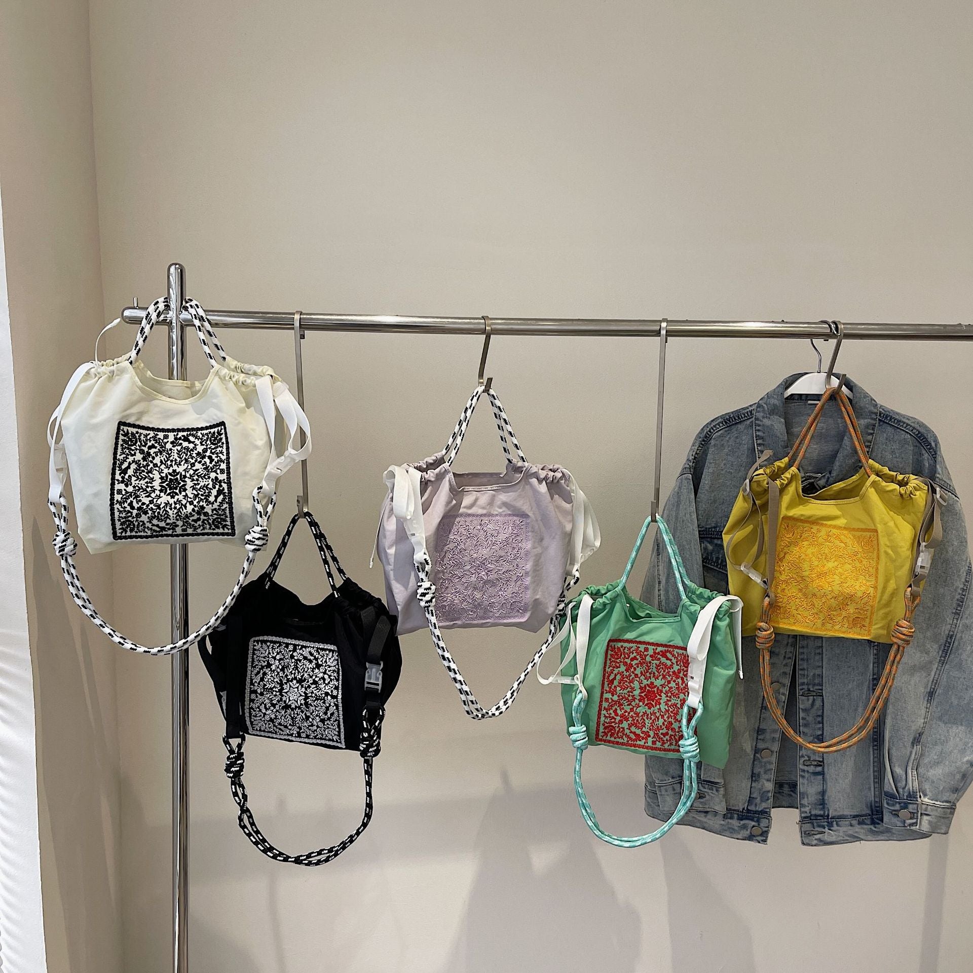 Embroidered Drawstring Cloth Bag Large Capacity Casual Messenger Bag