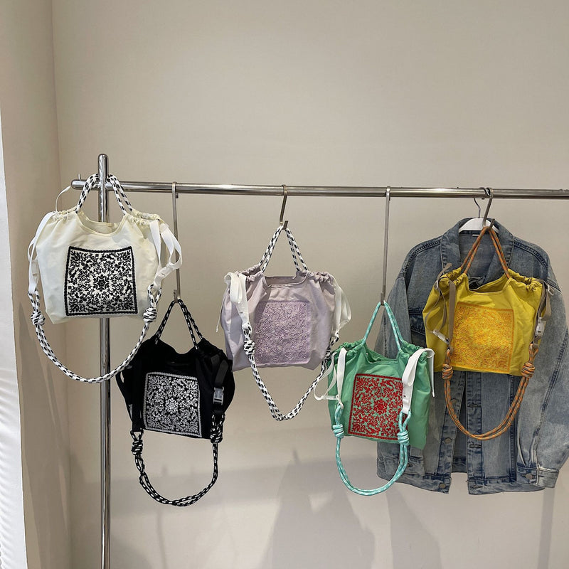 Embroidered Drawstring Cloth Bag Large Capacity Casual Messenger Bag