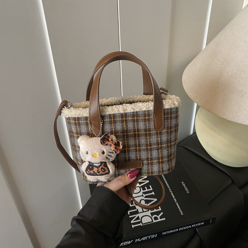 Plaid Mini Bucket Bag Woolen Shoulder Bag