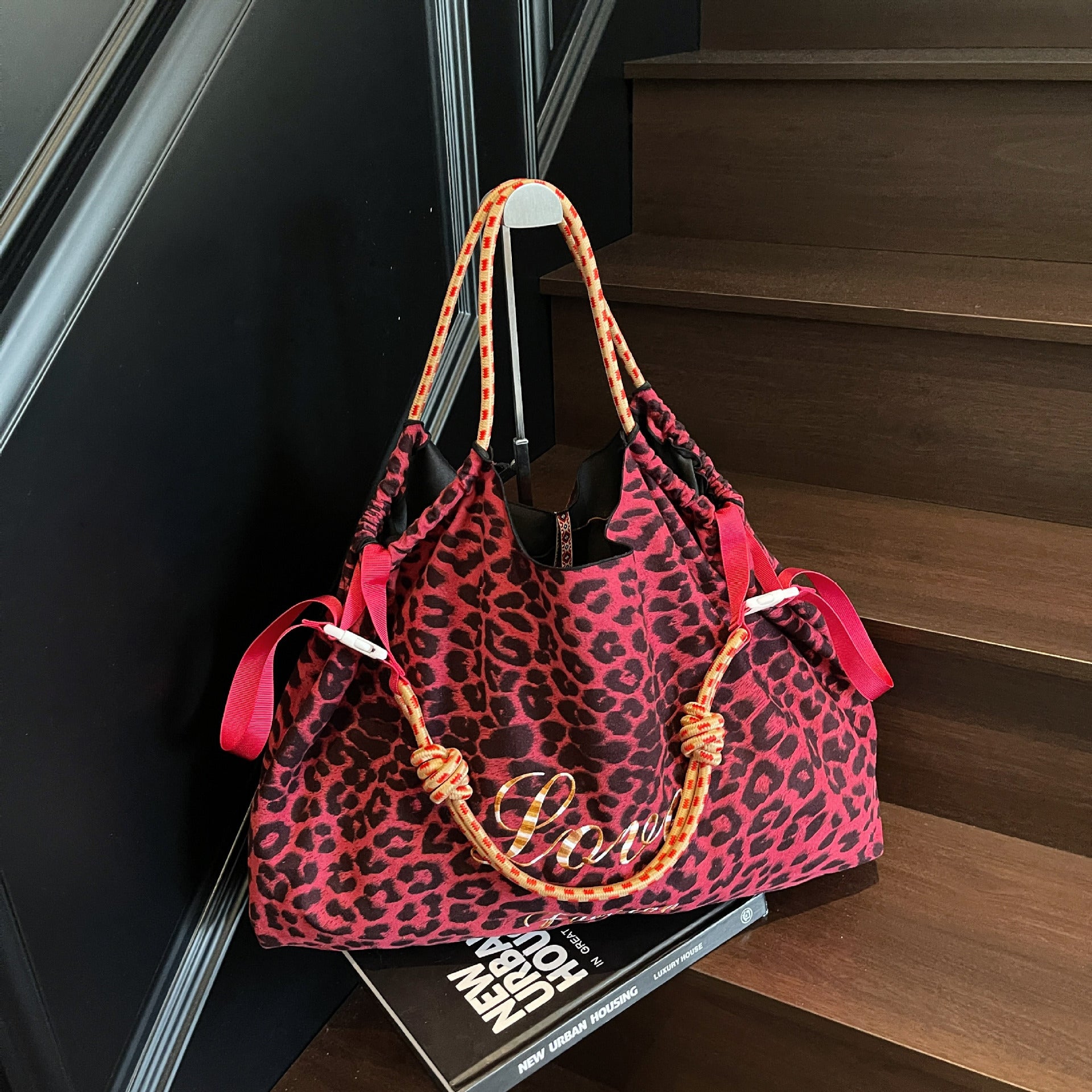 Retro Leopard Print Shoulder Bag Ball Chain Tote Women's Fashion Handbag