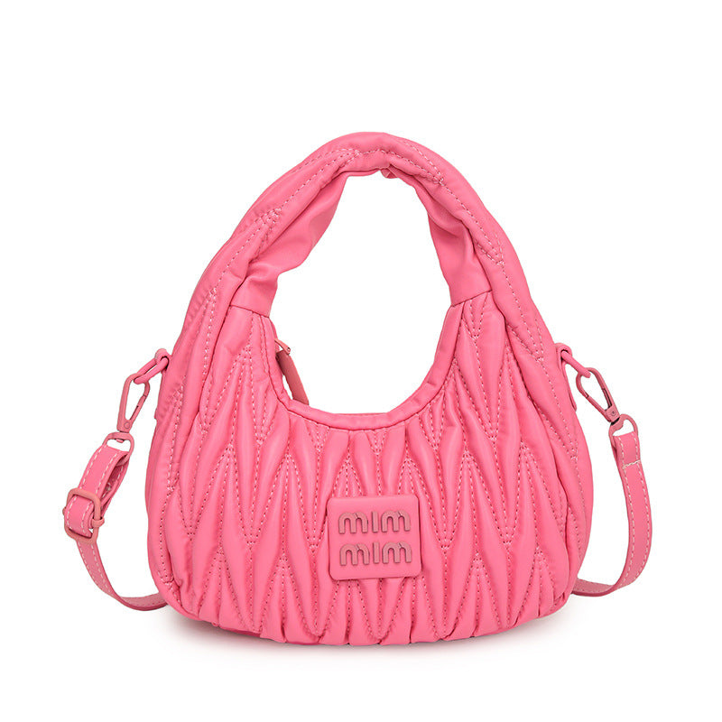 Pleated Crescent Dumpling Embroidered Bowling Shoulder Bag