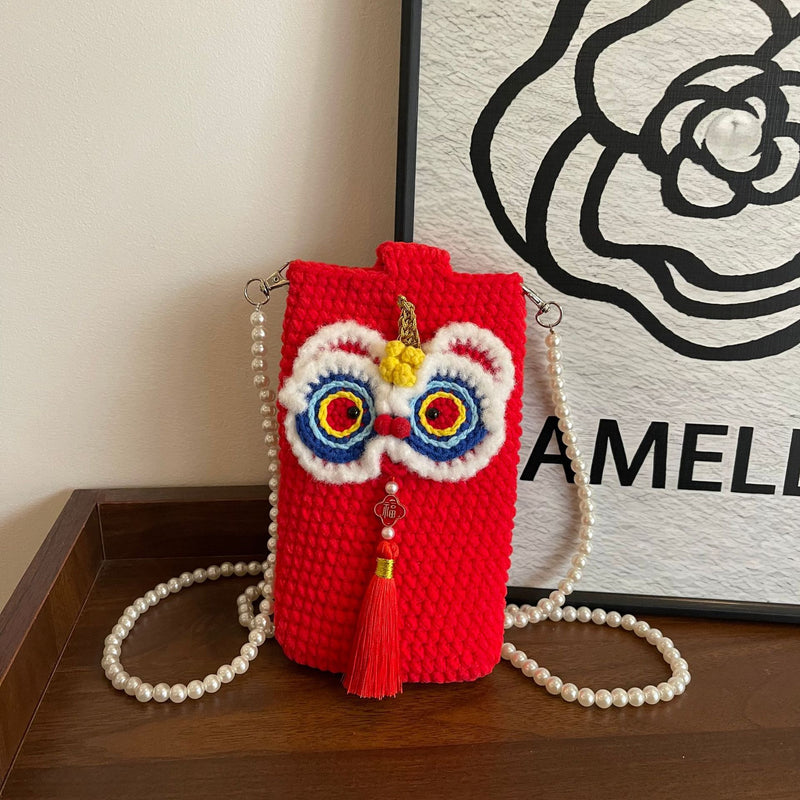 Guochao Lion Dance Wool Knitted Phone Bag Festive Cute New Year Messenger