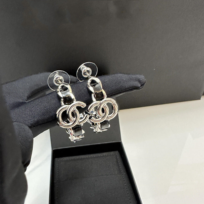Premium Leather Stud Earrings for Grandma - Light Luxury Double C Design