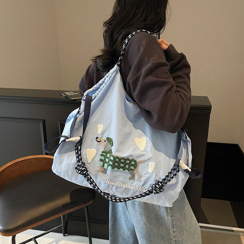 Nylon Dog Embroidery Handbag Folding Shoulder Cartoon Large Capacity Messenger Bag